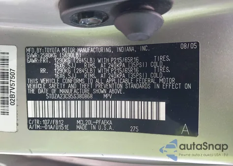 2005 Toyota Sienna Le z USA, uszkodzony, nr VIN 5TDZA23C95S380868